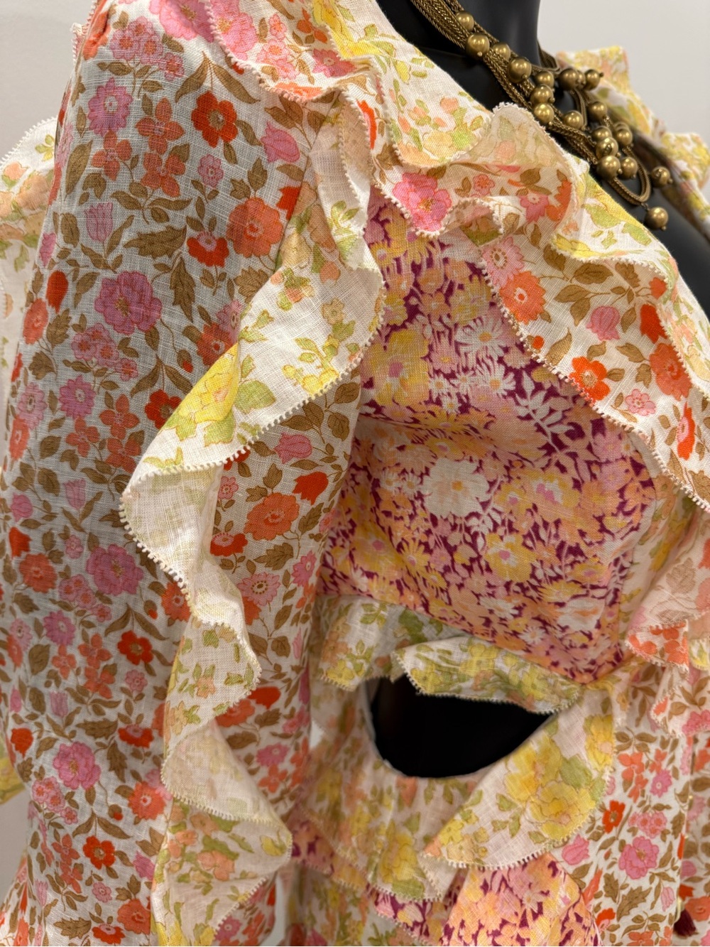 Zimmermann Floral Patchwork Ruffle Cutout Tie Front Mini Dress Size 2 - Picture 4 of 14